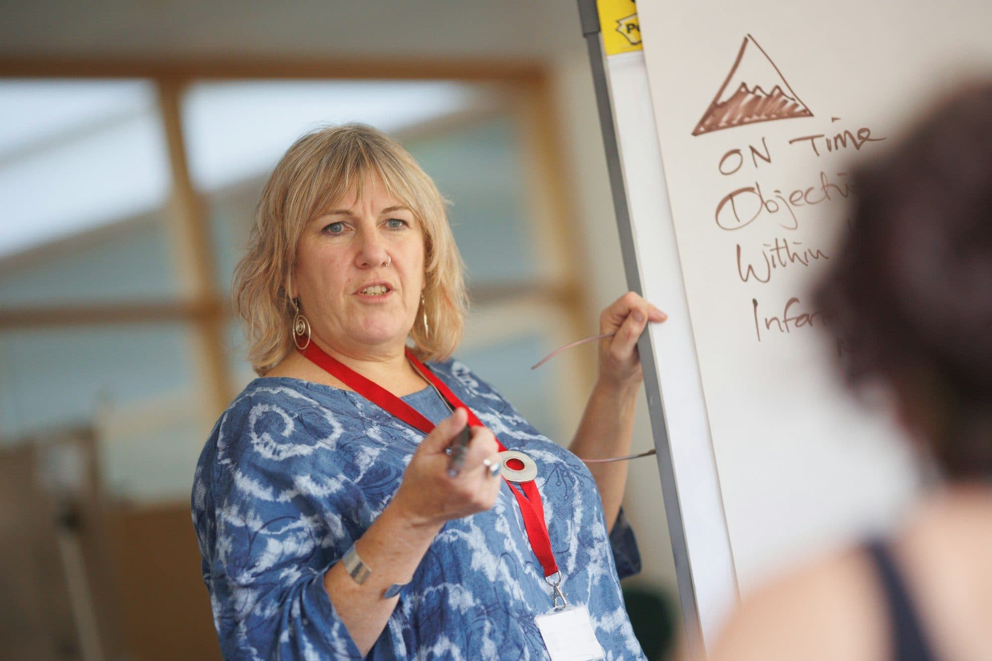 Teacher talking to a class in front of a whiteboard