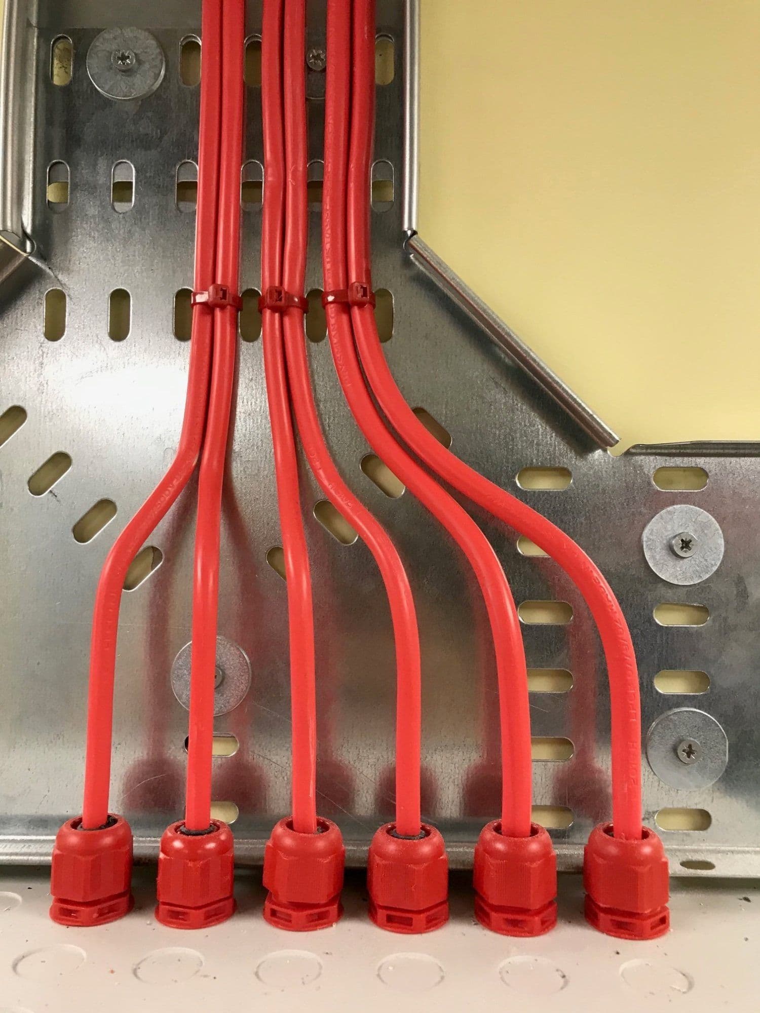 Red fire alarm cables neatly glanded into a steel cable tray