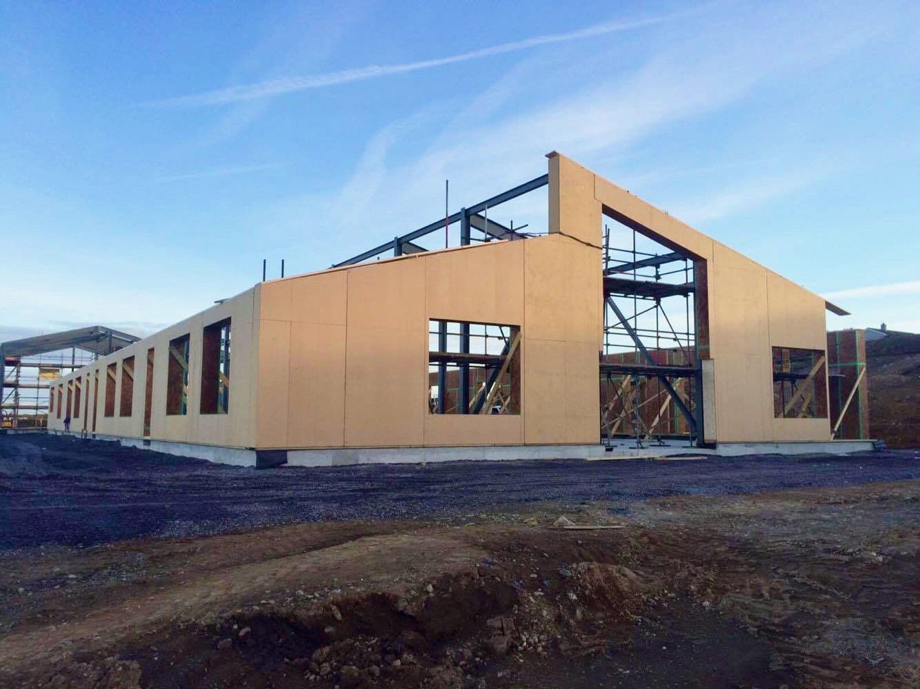 Factory-made timber-frame wall panels erected on site for a new school