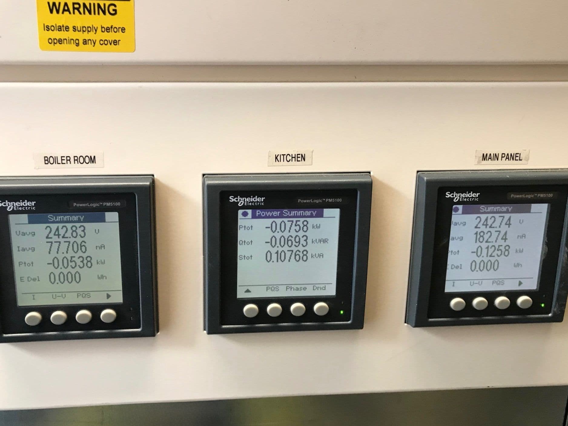 Power meters for the boiler room, kitchen and main panel mounted on a wall